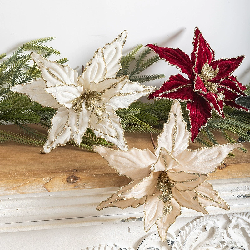 Вельветовая декоративная poinsettia (цветок) 26 см, блестящая окантовка, красный/зеленый/платиновый/шампанское золото