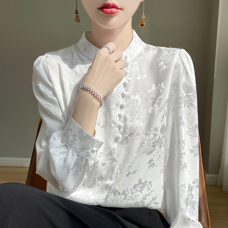 Acetate Satin Shirt for Women, Song Brocade New Chinese Style, Light National Style, Elegant and Graceful Inner Top, Buttoned Silk Shirt for Women