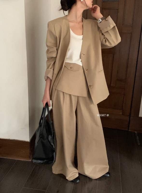 卡其色感西装套装女2025春秋新款韩系轻熟风休闲阔腿裤两件套配腰|undefined
