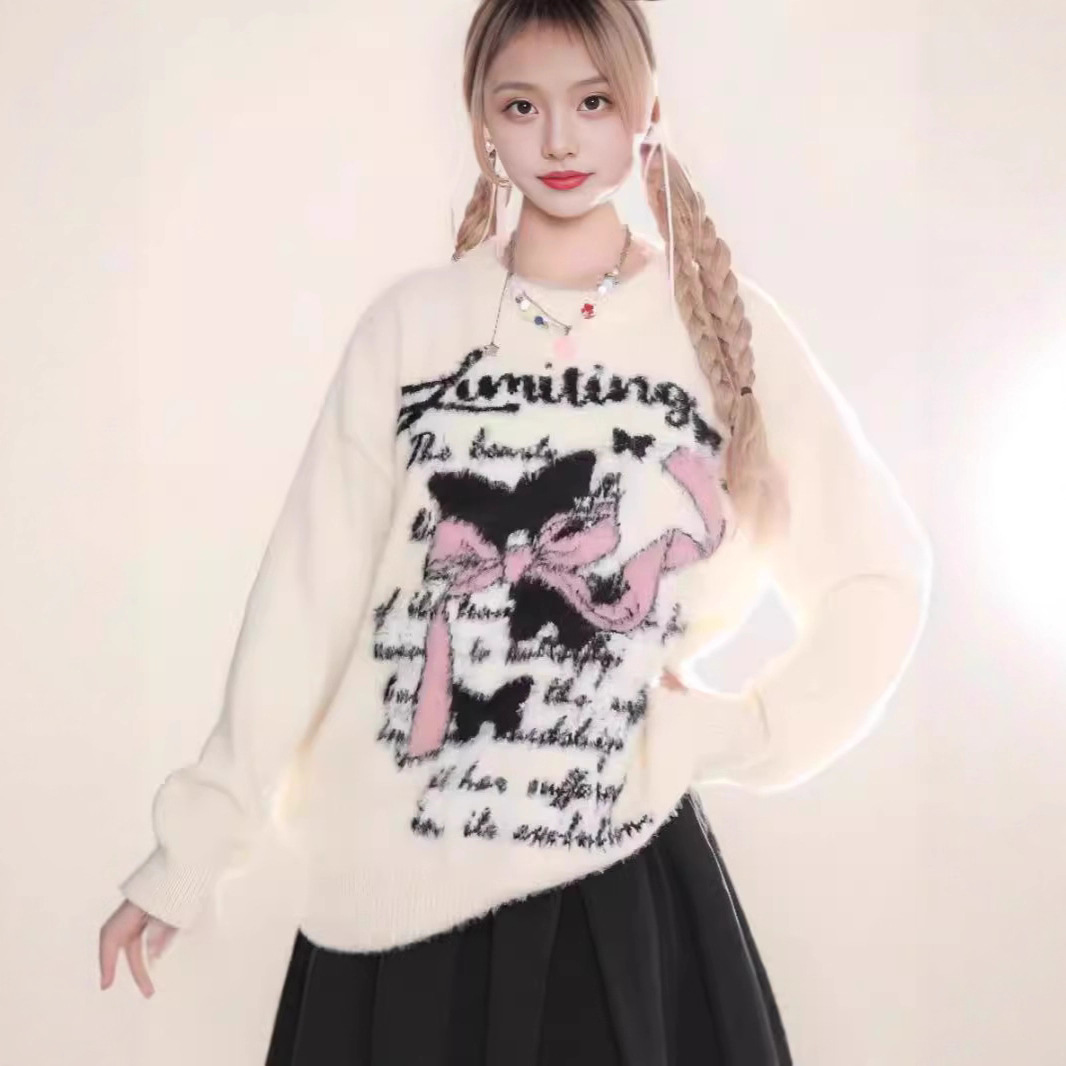 甜美卡通蝴蝶结字母印花圆领毛衣女装秋冬加厚中长款宽松针织上衣