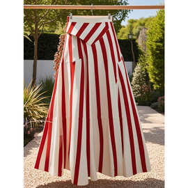 今年流行轻奢高级感a字伞裙红色条纹不规则高腰显瘦半身裙女夏