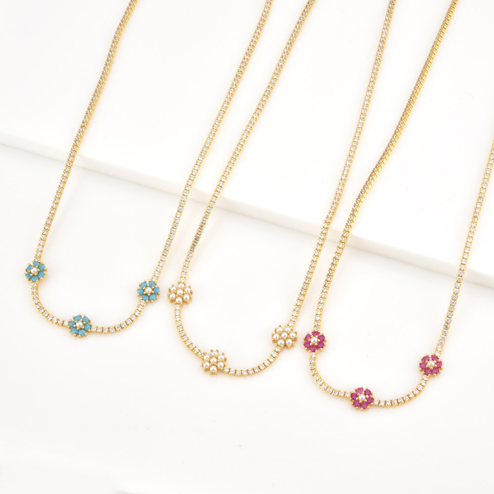 Artificial Pearls, Zircon Inlay Material 925 Sterling Silver Artificial Pearls Zircon Inlay Flower Necklace