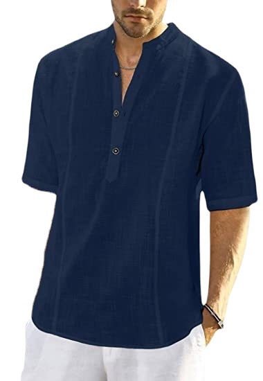 2023 Nueva camisa de lino informal cómoda con mangas medianas para ropa de hombre_voghion.com