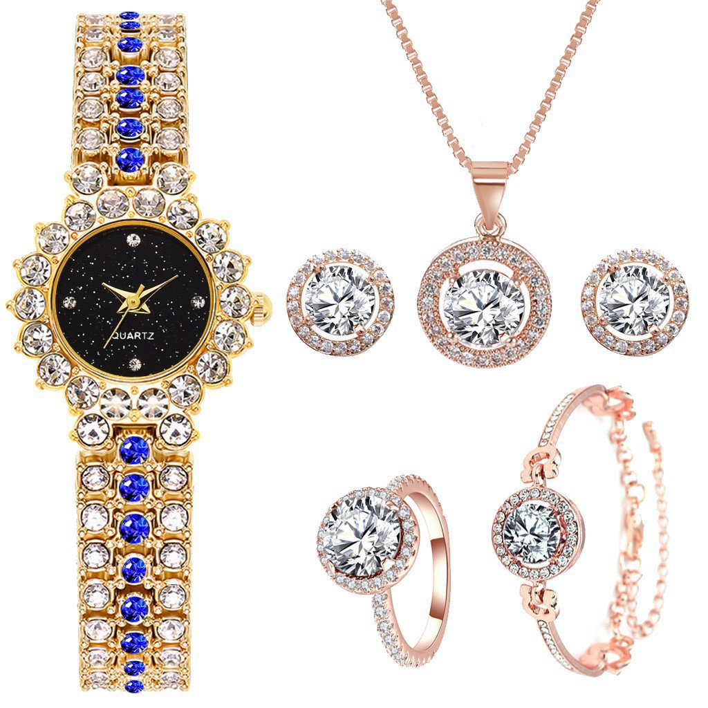 Montre classique à petit cadran avec ciel étoilé et diamants pour femme, ensemble de cinq pièces élégant et tendance de style coréen_voghion.com