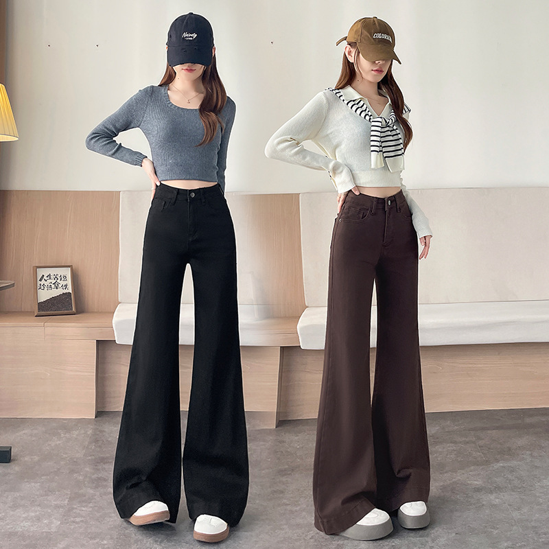 Coffee Autumn and Winter New High-Waist Slimming Plus Velvet Flared Jeans Women's Trousers New High-Waist Elastic Fashion Casual