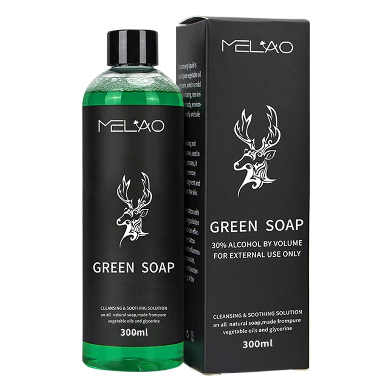 Transfronterizo MELAO tatuaje limpieza jabón verde 300ml suave HIDRATANTE PIEL tatuaje limpieza solución jabón cuidado al por mayor