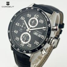 Corgeut44mm男士手表星期日期黑色真皮表带多功能全自动机械表
