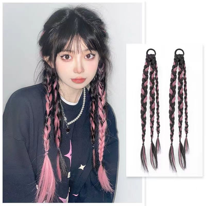 Boxing Braids Wig, Sweet and Cool Girl Fishbone Braids, Double Ponytails, Strap-On Natural Artificial Highlights, Dirty Braids