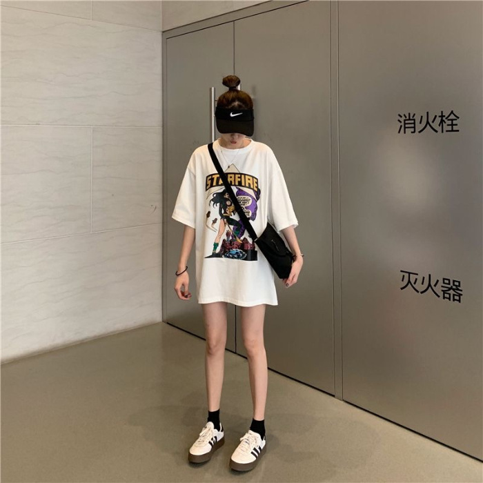 大きいサイズMM半袖ルーズカジュアルスタイル膝上Tシャツシンプル2025ミドル丈レディーススリム夏プリント多用途|undefined