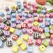 亚克力千鸟格印花珠子格子方块串珠手工diy手链项链头绳饰品配件