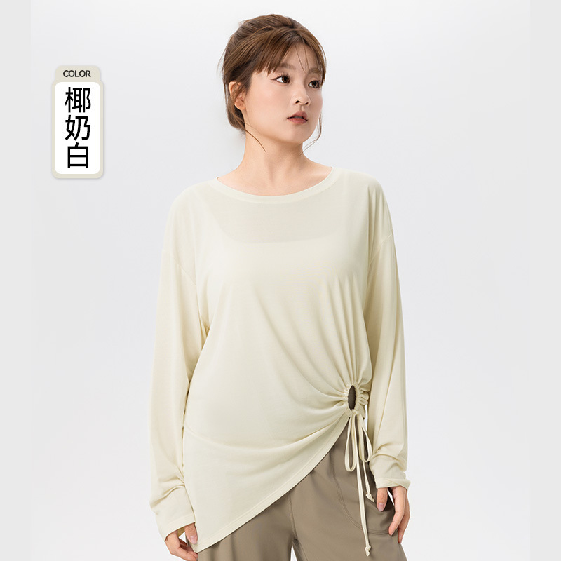 大码宽松长袖瑜伽服女侧边镂空抽绳收腰显瘦胖妹妹普拉提运动罩衫|undefined