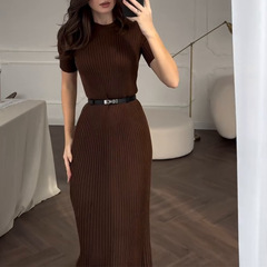 2025夏の新型欧米の国境を越えたアマゾンの女性服の丸首の長い色の純色の半袖のセーターのロングスカート
