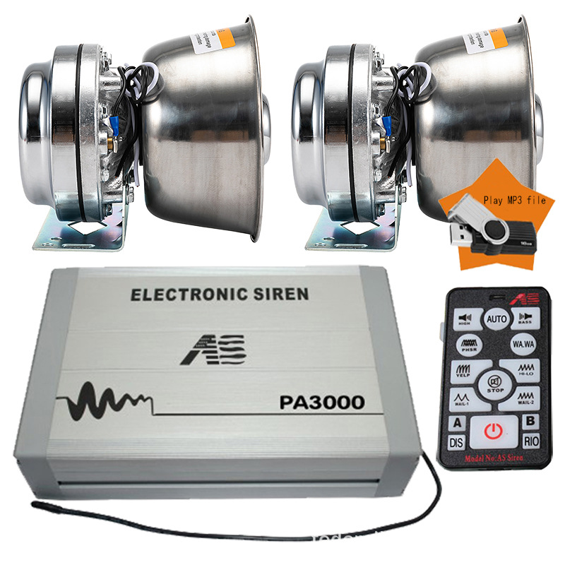 PA3000E Car Electronic Siren, Remote Control MP3 Loudspeaker, Car Siren with High-Pitched Sound + Stainless Steel Horn