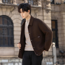 翻领羊毛呢子男士外套2025新款秋冬高级感休闲夹克双面绒男装冬季