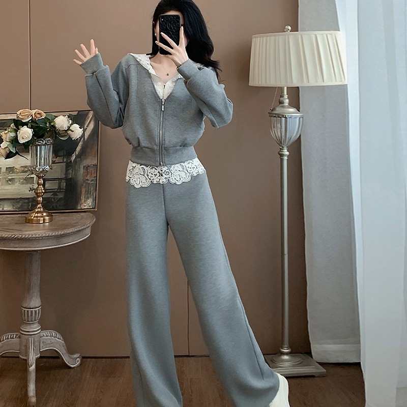 休闲运动套装女春2025新款欧货连帽蕾丝拼接感显瘦减龄两件套|undefined