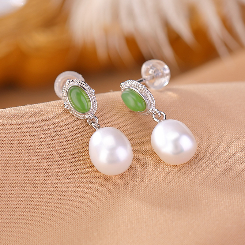 Bông tai nữ đính ngọc trai nước ngọt mạ vàng bạc S925 hình trứng — Kiểu màu bạc, Kiểu màu vàng
