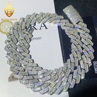 New 15mmS925 Silver Set Long Square Moissanite Cuban Chain Necklace Bracelet Wholesale AliExpress Europe and America Hot Sale