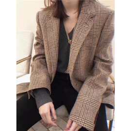 深圳南油女外套新款格子韩版英伦风职业西服拼接休闲时尚外套复古