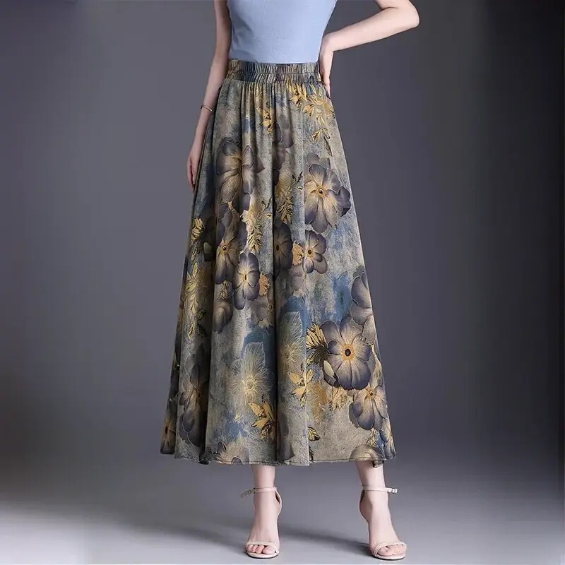 Thin Printed Summer Breathable Casual Pants Culottes Floral Elegant Draped Elastic Skirt Three-Quarter Wide Leg Pants