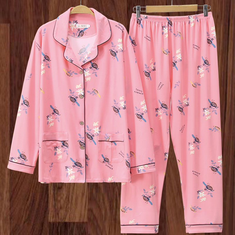 100% algodón más el tamaño de los pijamas de las mujeres Primavera, Otoño e Invierno manga larga suelta de mediana edad y joven confinamiento desgaste del hogar traje de verano