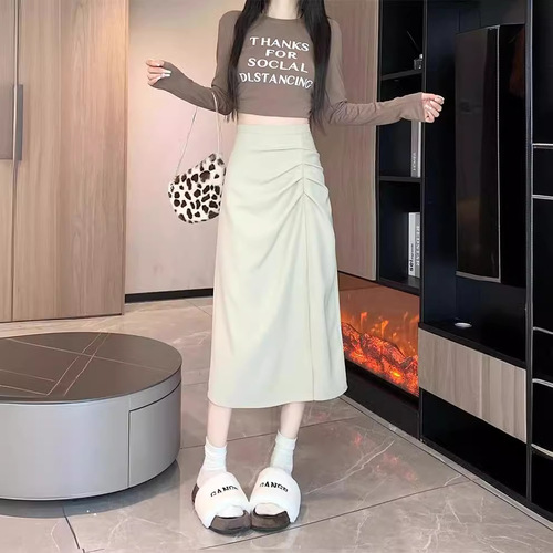 Women's Summer New High-Waisted Medium-Length Pleated Side-Slit French Hepburn Style A-Line Bodycon One-Step Skirt