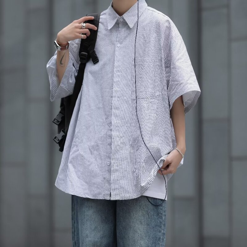 Japanese-Style Cityboy Blue and White Striped Short-Sleeve Shirt for Men, New Summer Fashion Loose Casual Shirt Men's Clothing