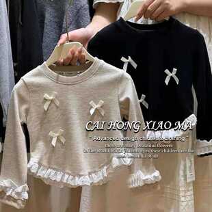 Girls' Korean-style Long-sleeved T-shirt Spring and Autumn New Lace Lace Base Shirt Girls' Western-style Bow Stitching Top