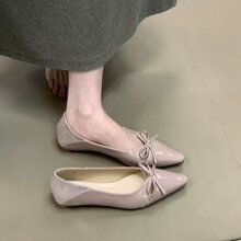 镂空单鞋通勤尖头两穿蝴蝶结低感优雅设计紫色女鞋漆皮跟气质黑色