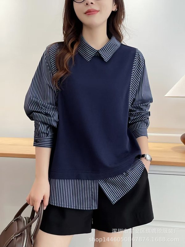 琪镌绘制冬季款假两件条纹衬衫女长袖拼接撞色显瘦宽松上衣85188|undefined