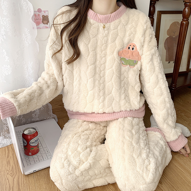 珊瑚绒睡衣女冬季甜美网红风女款加绒加厚套装法兰绒家居服