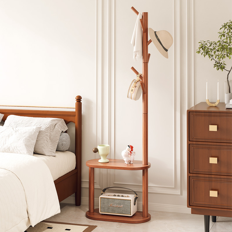Solid Wood Coat Rack Bedroom Floor-Standing Clothes Rack Bedside Table Integrated Living Room Home Removable Multi-Functional Storage Rack