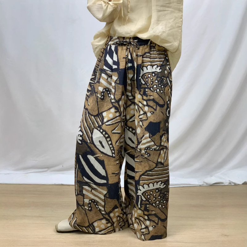 2026 Spring New Vintage Ethnic Style Elastic Waist Hemp Full-Print Casual Wide-Leg Pants Long Pants for Women 2026 Spring New Vintage Ethnic Style Elastic Waist Hemp Full-Print Casual Wide-Leg Pants Long Pants for Women