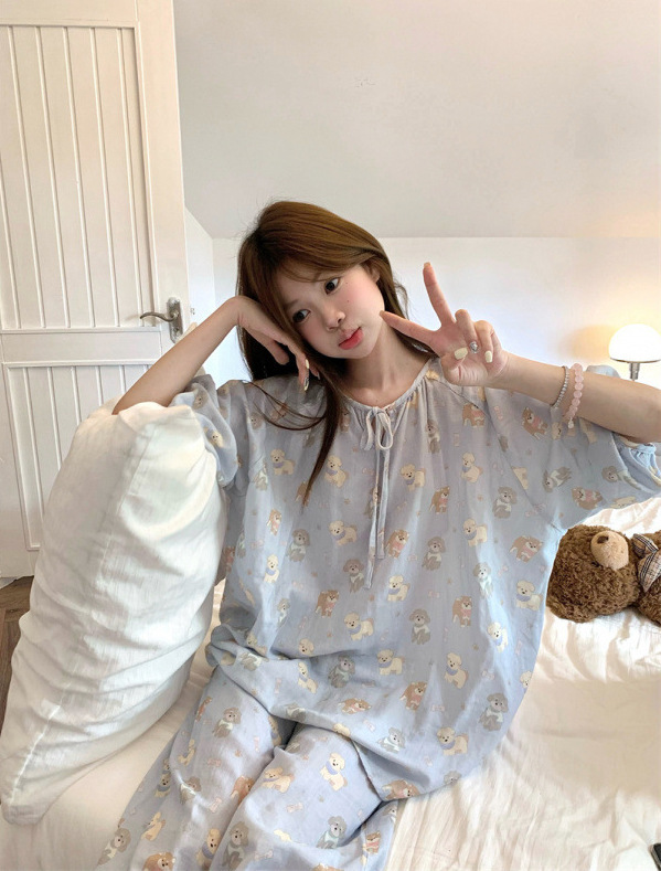 韩国ins女士春秋新品韩版奶蓝狗狗简约慵懒卡通家居服睡衣套装女|undefined