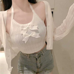 2023 new summer women's clothing, Korean style design, bow pit strips, slim fit, sleeveless knitted halterneck sling