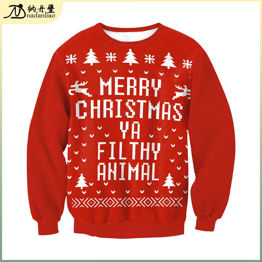 2024春季欧美情侣装圣诞3D数码印花圆领卫衣字母数码印花卫衣外套