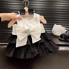 Chic 2024 Summer New Arrival Set for Girls - Korean Style Tank Top with Bow, Princess Cake Short Skirt Two-Piece Set