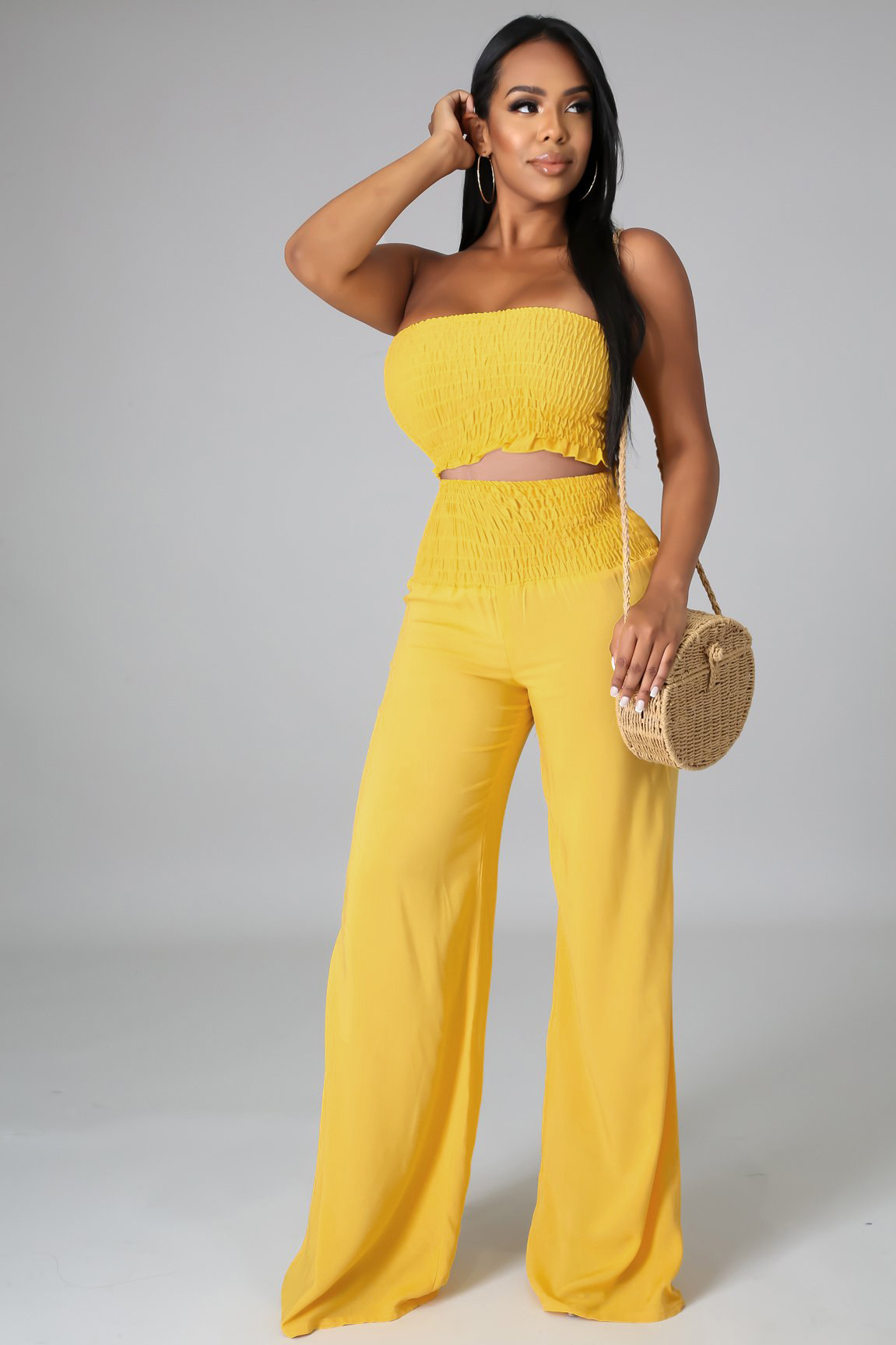 casual tube top backless high waist wide-leg solid color top and trousers suit NSXLY119734