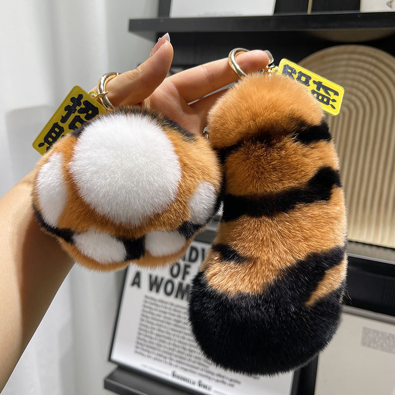 [Tiger Tail] Cute Real Rex Rabbit Fur Car Keychain Pendant Stuffed Couple Gift School Bag Pendant