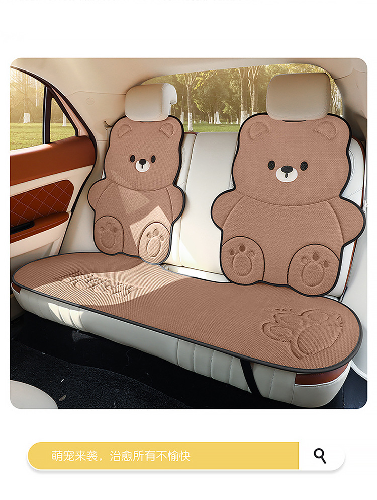 Car Seat Cushion for All Seasons, Cartoon Design, Breathable Cotton and Linen for Summer, Ventilated for Autumn and Winter, Half-Cover, Cute Bear Seat Cover for Women