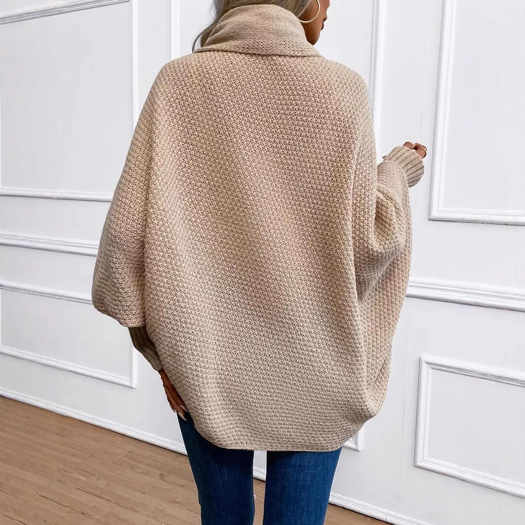 Damen-Strickcardigan in großen Größen – Eleganter, langärmeliger Pullover mit offener Vorderseite, halbhohem Kragen, Polyestergemisch, geeignet für Freizeit und Büro_voghion.com