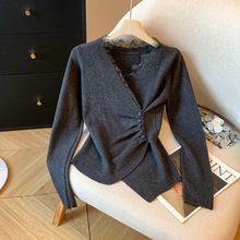 热销韩版设计感小众不规则蕾丝花边收腰褶皱交叉V领长打底衫上衣