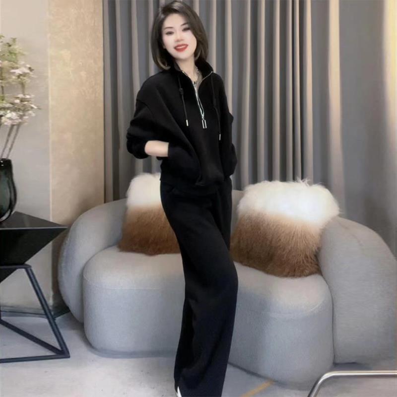洋气减龄休闲运动套装女秋冬大码显瘦欧货半拉链卫衣阔腿裤两件套|undefined