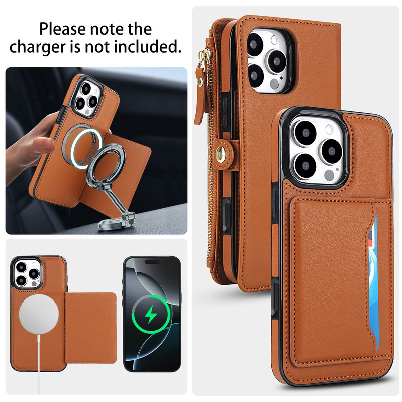 New Product Magsafe Magnetic Multifunctional Wallet Mobile Phone Leather Case Suitable for Apple 16Promax Anti-Fall Protection