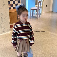 春秋季2025新款洋气男女童经典条纹POLO衫儿童宽松休闲长袖上衣潮