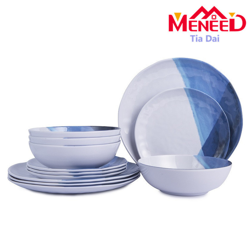 Watercolor Blue Set of Break-Resistant Melamine Plates and Bowls 12-Piece Tableware Set Can Be Customized