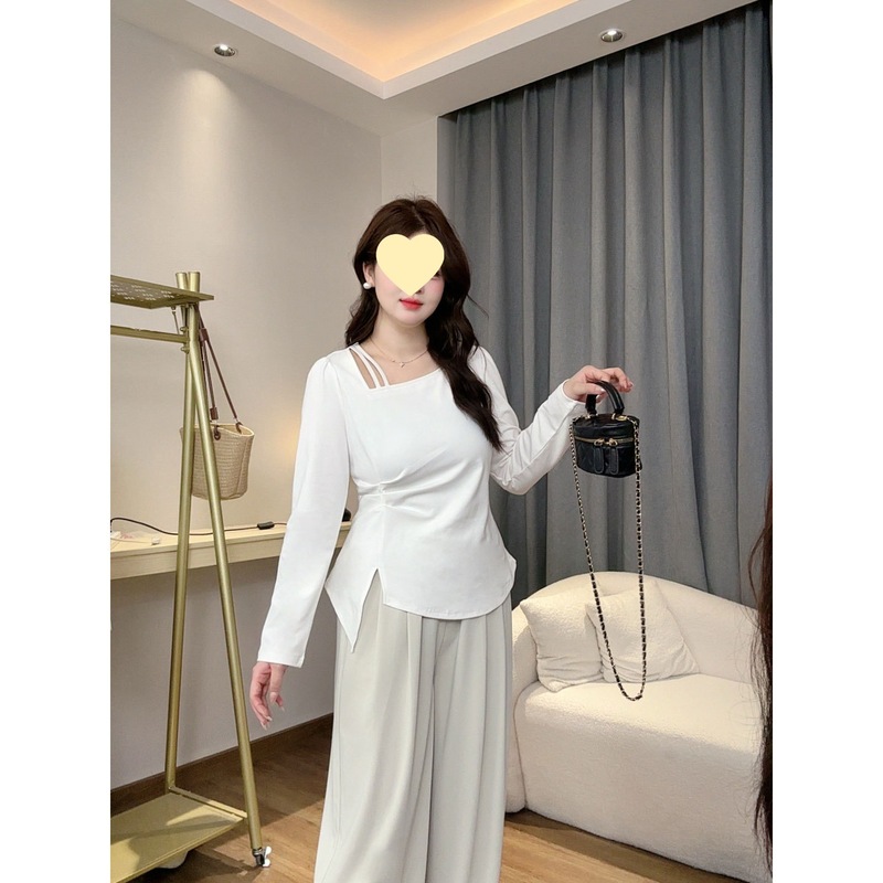 2025秋季新款胖mm不规则镂空斜领T恤气质宽松遮肉显瘦褶皱上衣女|undefined
