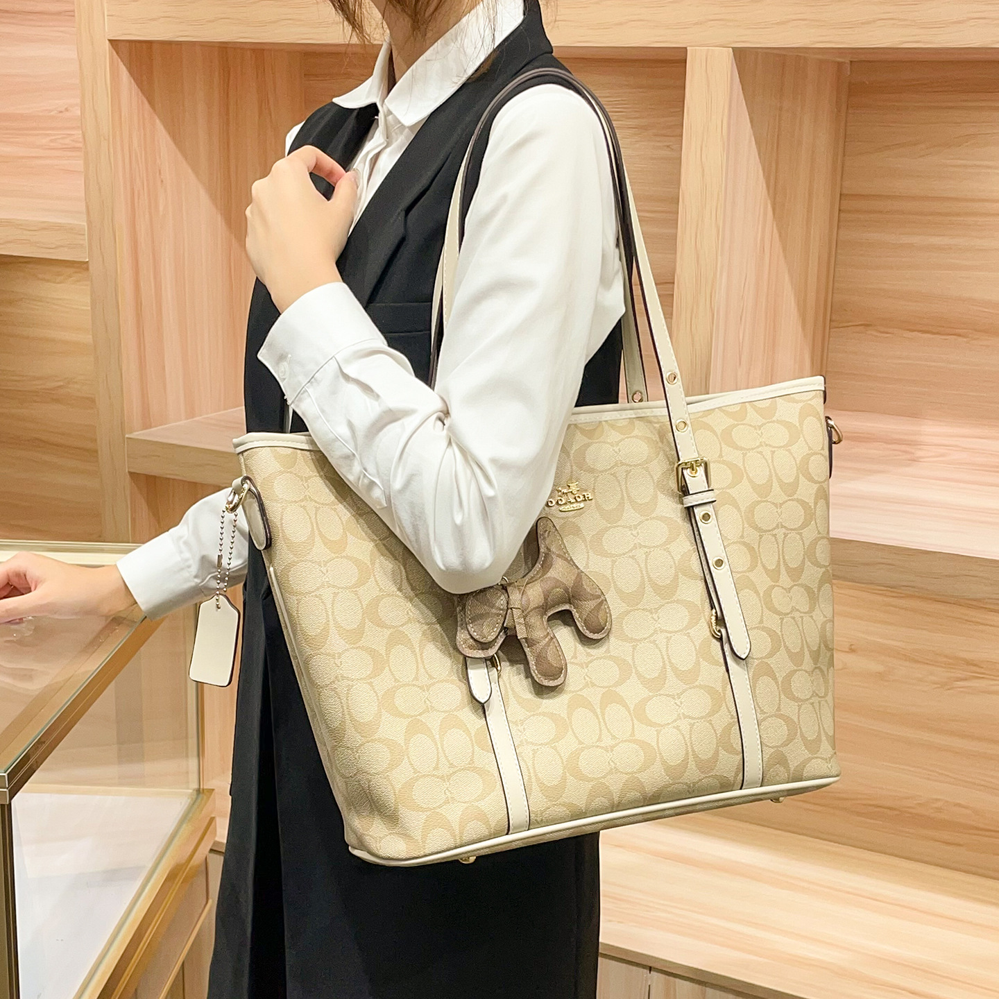 Túi tote da thật nữ đáy rộng phong cách Hồng Kông — nâu