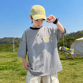男童条纹短袖t恤夏装2026新款儿童装冰感半袖大童夏季纯棉上衣潮T