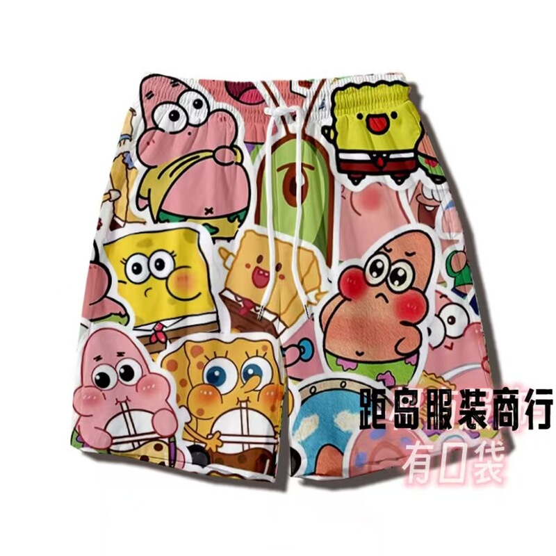 Summer Thin Cartoon Pattern Shorts for Men and Women, Versatile Spongebob Squarepants Five-Point Sports Beach Pants Basketball Pants