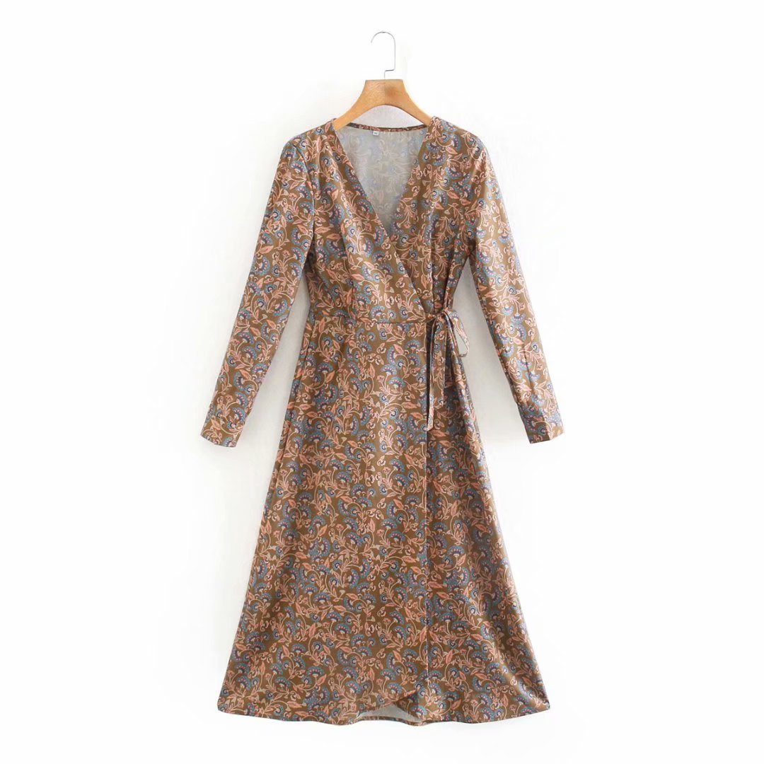 printing V-neck wrap-up lace-up dress NSAM20694